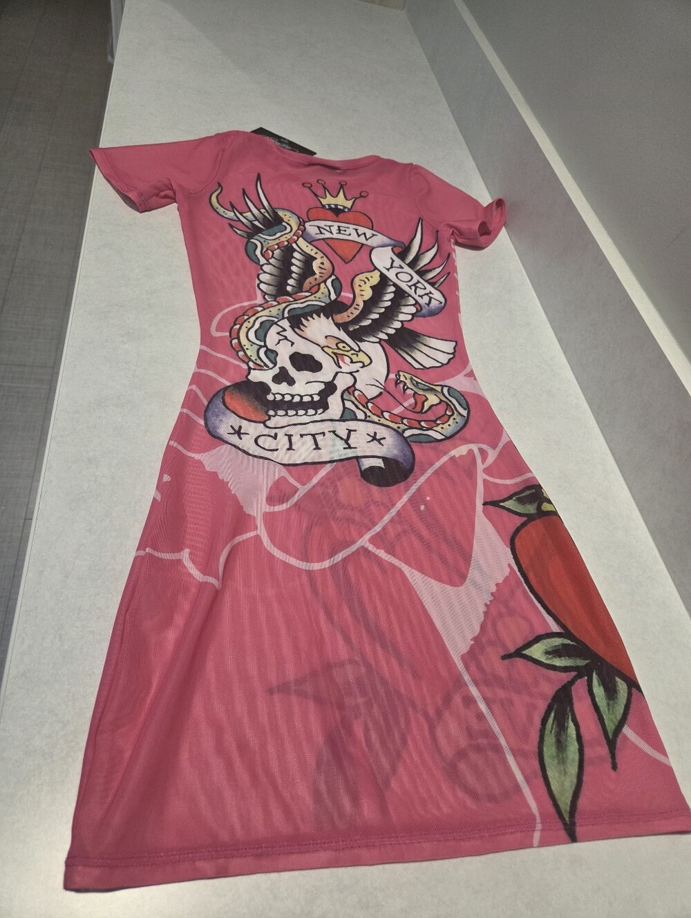 Ed Hardy Graphic Pink & Red Women's Mesh Cover-up Dress